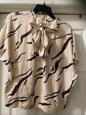 Nine West Cream and Brown Tie-Neck Animal Print Blouse